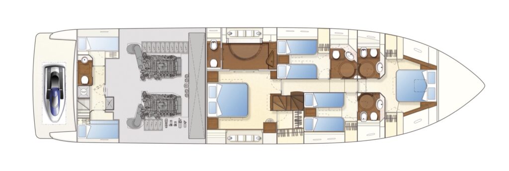 Lower deck plan — four en-suite cabins